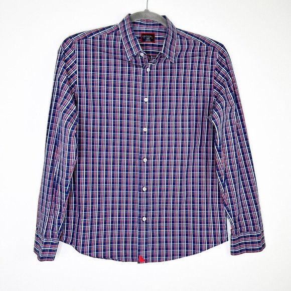 Untuckit Cormons Button Down Shirt Mens Size Large Red White Blue Plaid Slim Fit - Picture 2 of 10